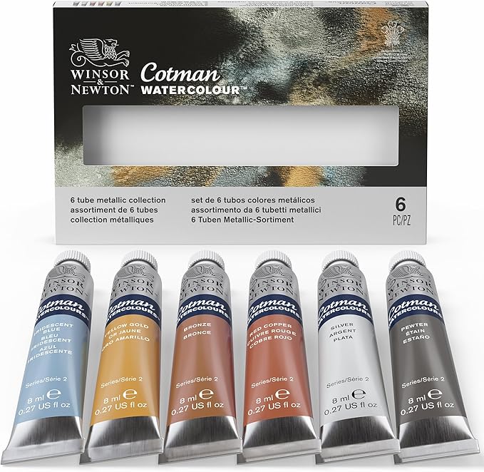 Winsor & Newton Cotman Watercolor Paint Set, 6 x 8ml Tube Metallic Colors | Introductory Watercolor made with Fine Art Pigments, Perfect for Beginners, Lightfast & Permanent, Good Tinting Strength