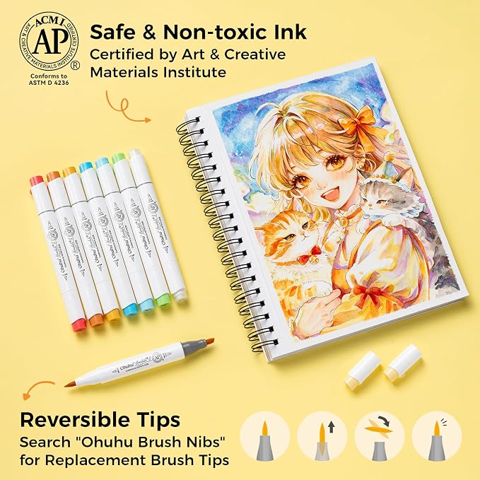 Ohuhu Alcohol Markers 48 Colors Brush& Soft Chisel AP Certified Refillable | Dual Tips Drawing Markers for Artists Beginners Adults Cozy Coloring Illustration Sketching, Honolulu 2S