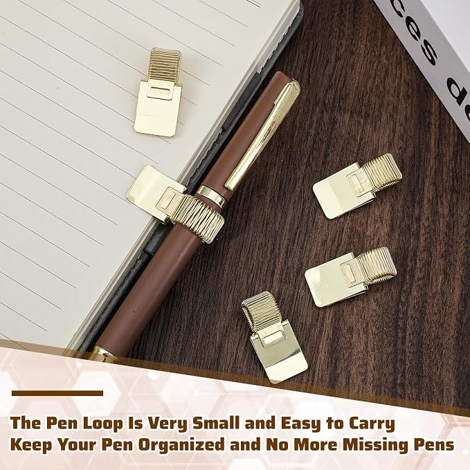 Grevosea 5Pcs Metal Pen Clip Holder, Portable Pen Holder Clips Adjustable Spring Loop Organizer for Notebook Clipboard Gold Tone
