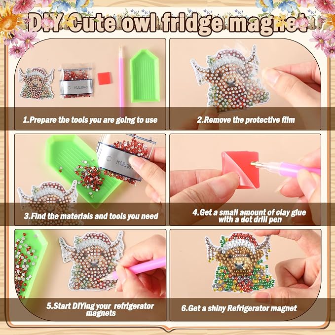Remuuly 30 Pcs Christmas Diamond Painting Magnets Diamond Art Kit for Adult | Christmas Highland Cow Refrigerator Magnet, Xmas 5D Rhinestone Fridge Magnetic Sticker, Diamond Club Gift, Beginner DIY Craft