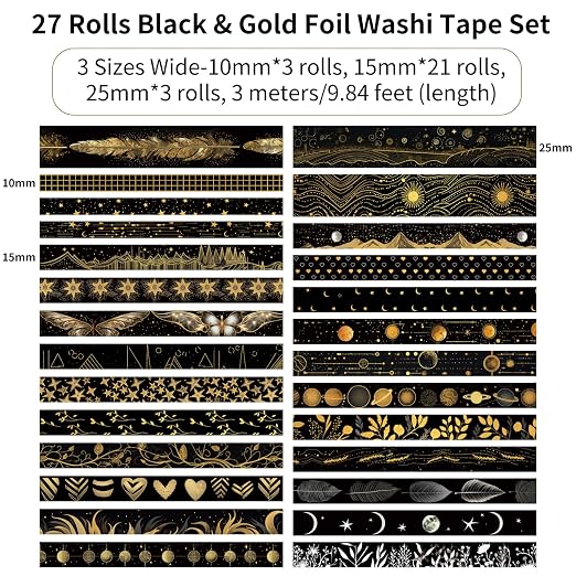 NANYNNU Black Washi Tape Set, 27 Rolls Black Gold Foil Decorative Masking Tape for Bullet Journaling, Scrapbooking Supplies, Watercolor Painting