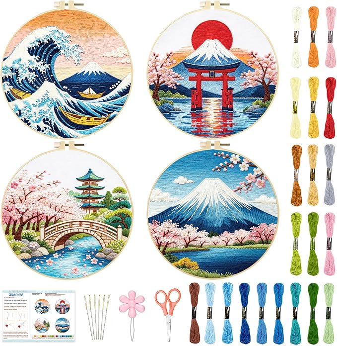BEUNITONE 4 Pcs Embroidery Kit for Beginner, Ukiyo-e Style Landscape Wave Pattern Embroidery Materials, Cross Stitch Set with Cloth, Thread, Needle and Hoop Tools for Friendship Gift and Home Decor