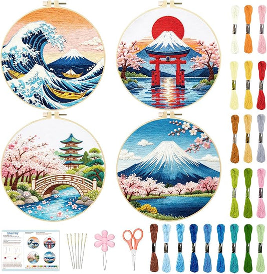 BEUNITONE 4 Pcs Embroidery Kit for Beginner, Ukiyo-e Style Landscape Wave Pattern Embroidery Materials, Cross Stitch Set with Cloth, Thread, Needle and Hoop Tools for Friendship Gift and Home Decor