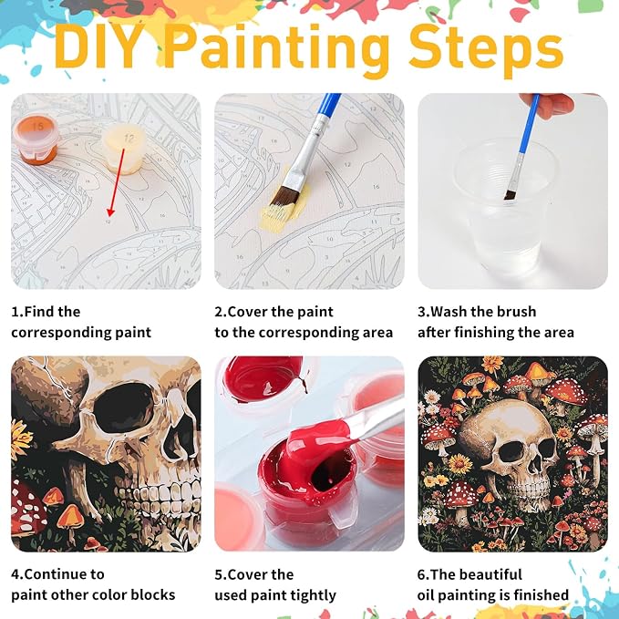 Skull Paint by Numbers Kit for Adults, 16x16 inch | DIY Painting Kits Crafts for Adults, Relieve Stress, Gift, Home Wall Decor