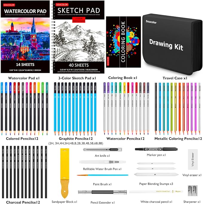 Soucolor 76 Pcs Art Supplies Drawing Kit,Sketch Pencils Set Adults Gift | 76-Piece Art Set Includes Sketch Book, Coloring Book, Graphite Pencils, Watercolor Pencils & Portable Case for Artists