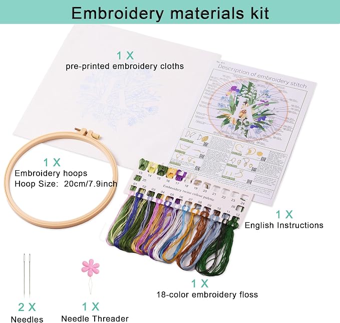 Harimau Letter K Pattern Embroidery Kit for Adult Beginners, Complete Starter Pack with 1 Hoop, Needles, Instruction Guide & Embroidery Stitch Video Tutorials