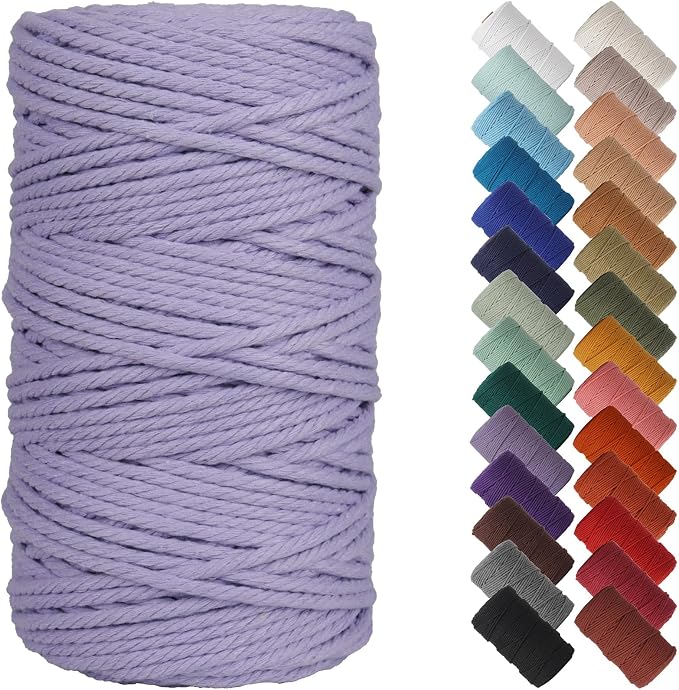 NOANTA Light Purple Macrame Cord 4mm x 109yards, Cotton Rope Macrame Yarn | Macrame Rope Supplies, 3 Strand Twisted Cotton Yarn String, Cotton Cord for Wall Hanging, Plant Hangers, Crafts, Knitting