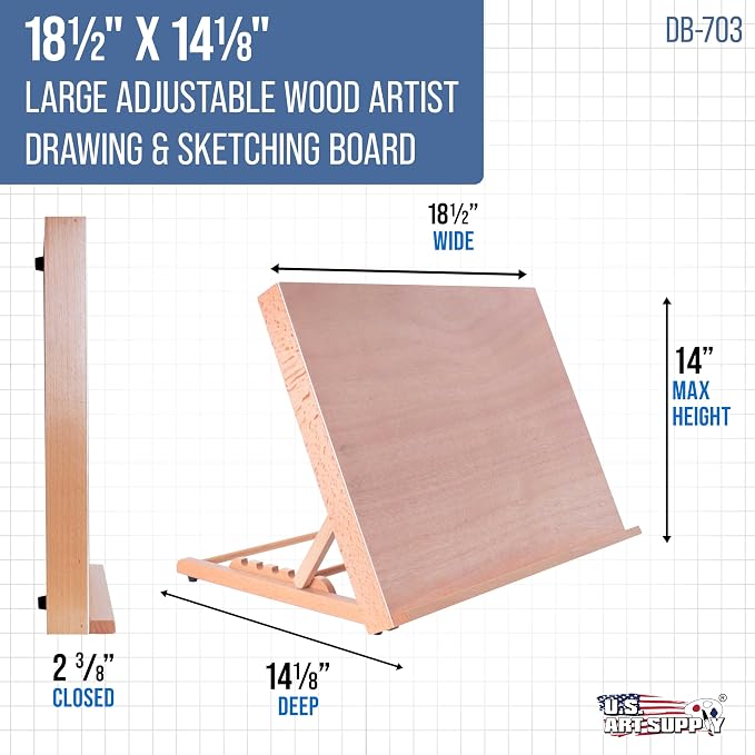 U.S. Art Supply Large 18-1/2" x 14-1/8", A3 Wooden Drawing Board Adjustable | Table Top Easel for Painting and Drawing - Drafting Board with 6 Angles, Pencil Ledge