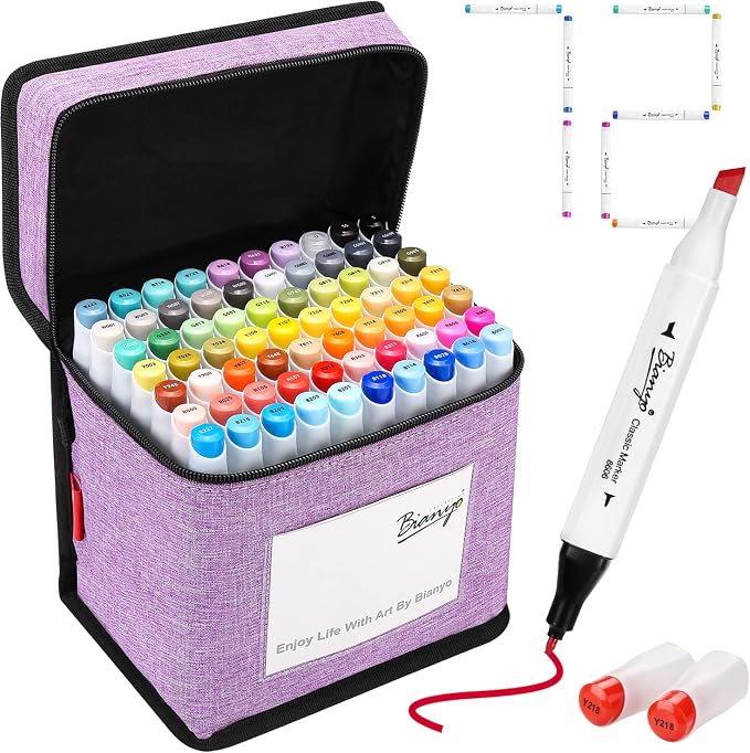 Bianyo 72 Colors Alcohol Markers Set, Dual Tip Fine & Chisel Art Markers with Purple Carry Case for Adult Coloring Books, Sketching, Blending & Drawing, Great for Artists, Beginners & Holiday Gifts