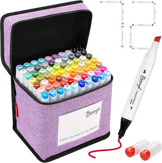 Bianyo 72 Colors Alcohol Markers Set, Dual Tip Fine & Chisel Art Markers with Purple Carry Case for Adult Coloring Books, Sketching, Blending & Drawing, Great for Artists, Beginners & Holiday Gifts