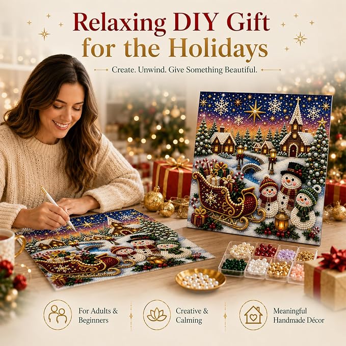 DIY Christmas Pearl Diamond Painting Kit, 5D Pearl Art Craft for Adults and Beginners, Christmas Church and Jesus Wall Decor, Holiday Gifts, 12 x 12 Inch (Christma Design F)