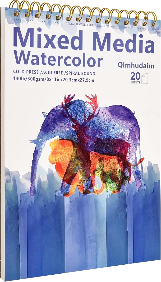 Qlmhudam Watercolor Paper Pad 8" x 11" - Heavyweight and textured paper Sketchbook,Spiral Bound, 20 Sheets 140lb/300g sketch pad, Watercolor Sketchbook for Wet & Dry Media,Drawing ，& Painting Journals
