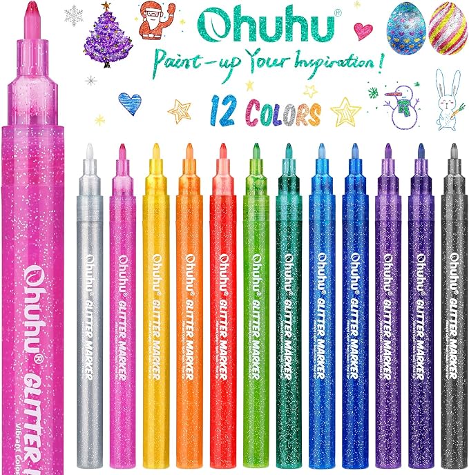 Ohuhu Glitter Marker Pens 12 Colors Fine Tip for Painting Coloring Crafts