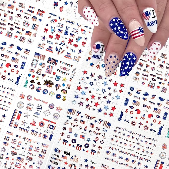 30 Sheets 4th of July Nail Stickers for Nail Art Independence Day Nails Art Stickers 3D Self Adhesive American Flag Stars Letters Fireworks Nails Decals Fourth of July Design Sticker for Women