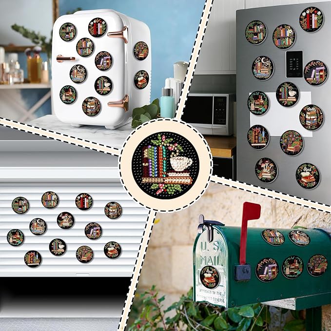 Zonon 12 Pcs Book Magnets Diamond Art Bookshelf Fridge Magnets for Adults | Reading Themed Designs, Small DIY Kits, Library Decor Stickers, Fridge Home Decoration, Completed Diamond Painting Sets