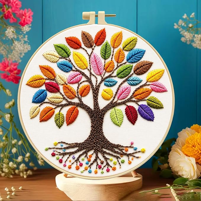 Zhenqing Rainbow Tree of Life Embroidery Kit for Beginners - 29x29cm Printed Fabric with Hoop & Full Tools (C0060)