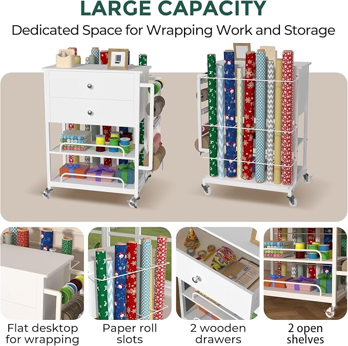 Wrapping Paper Storage & Organizer, Craft Cart with Ribbon & Gift Bag Storage, Wrapping Paper Organizer Holder(2 Wooden Drawers-White)
