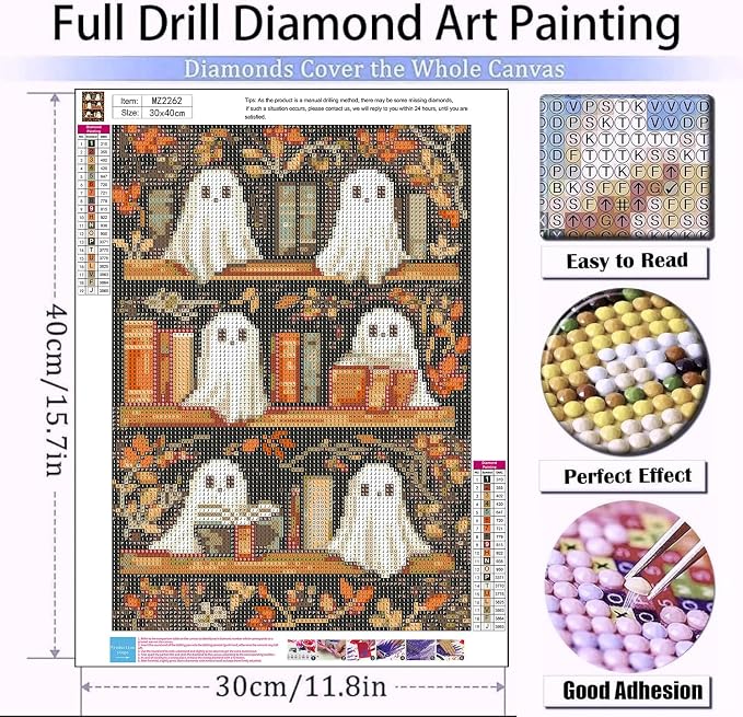 mrpwnle Diamond Art Kits for Adults, Halloween Diamond Painting Kits | Halloween Ghost Book Diamond Art Painting Kits for Adults Beginners, 5D Round Full Drill Gem Art Kits, Home Decor 12x16inch
