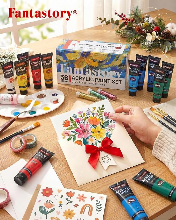 Fantastory 36ml 36 Colors Acrylic Paint Set with 10 Brushes | Excellent Coverage, High Light Fastness, Waterproof, Includes Extra White & Gold, for Canvas, Wood, Ceramics, Models