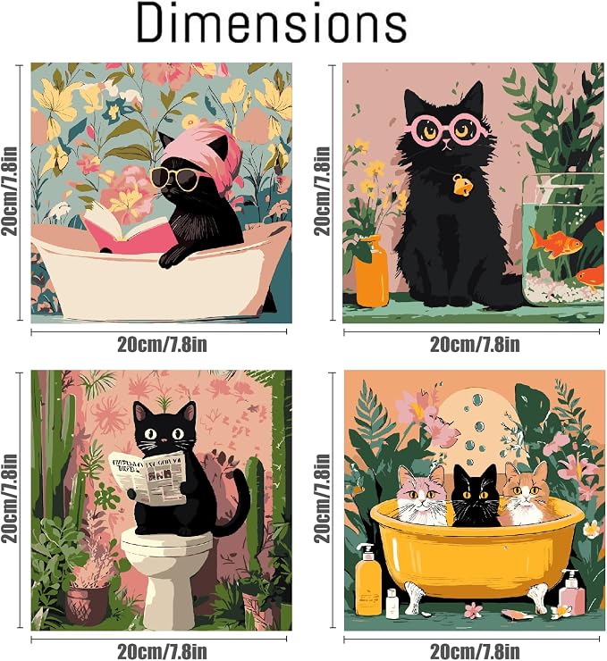 Canrichshop 4 Pack Cat Paint by Numbers for Beginner,Black Cat Adult Paint by Number Kits on Canvas Framed, DIY Number Paintings for Adults for Wall Home Decor 8X 8 inch