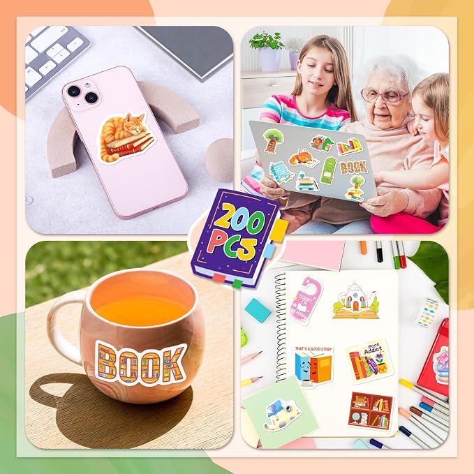 200PCS Book Stickers for Kids, Bookish Reading Decals Bulk Pack