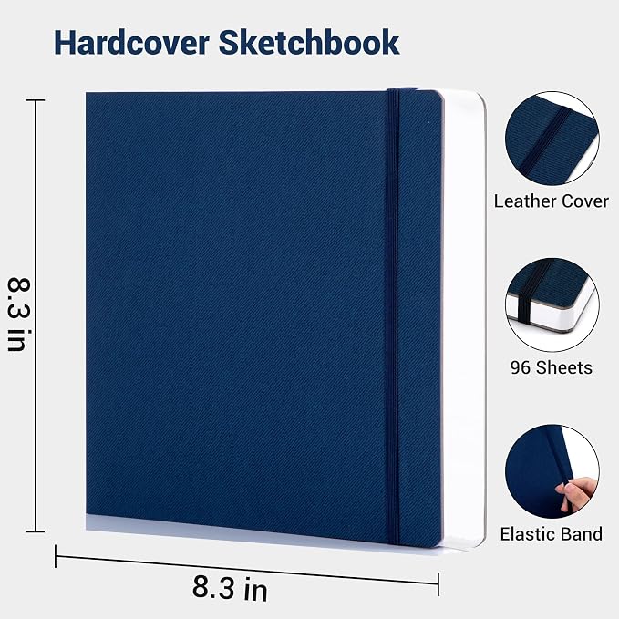 Hardcover Sketch Book, 8.3x8.3, 96 Sheets, Sketchbook for Drawing, Blue | Ideal Gift For Kids Adults,200GSM Watercolor Heavyweight Lay-Flat Art Journal,Drawing pad for Adults