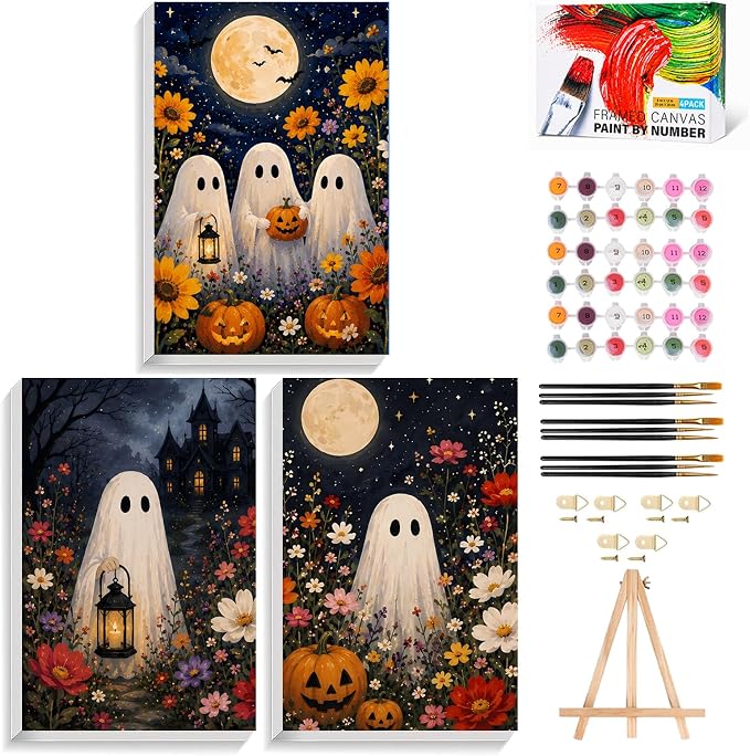 XTCIXAL 3 Pack Paint by Numbers Kit for Adults, Halloween, 8x12 Inch | Paint by Number for Adults Beginner, Framed Canvas, Included Easel and Gifts Box, Fun and Relaxing, Home Wall Decor