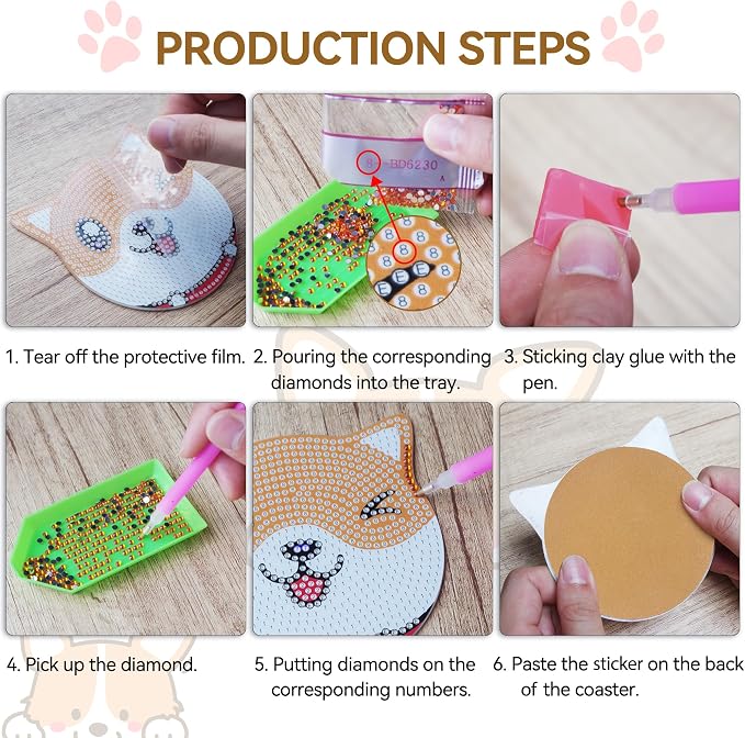Vcekract 6 Pcs Dog Diamond Art Coasters Kit for Adults | Diamond Painting Coasters with Holder & Protective Backing, Diamond Art Adult Crafts for Table Home Decoration