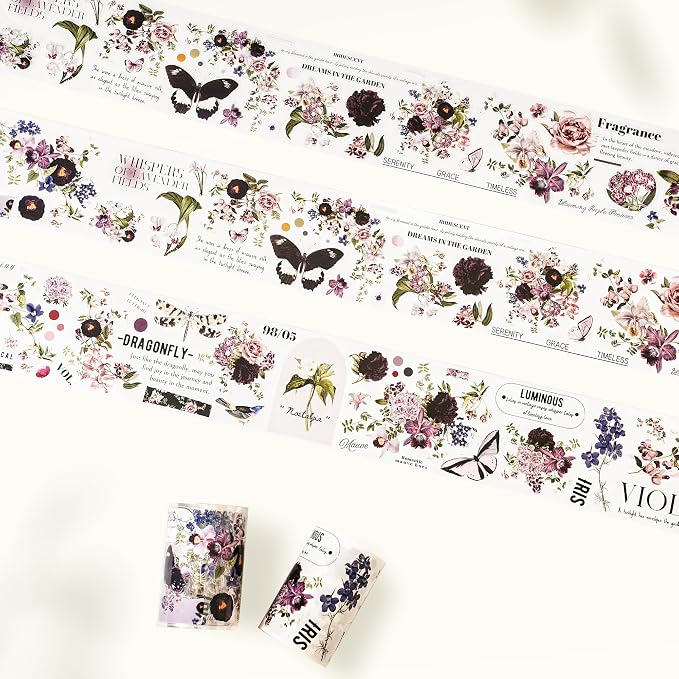 WT Pre-Cut Violet Veil Wide PET Tape, Single Roll, Soft Lilac Blossoms & Misty Backgrounds with Elegant Script, Transparent Decorative Tape for Journaling, Scrapbooking, Planner, DIY Crafts, 65mm x 5m