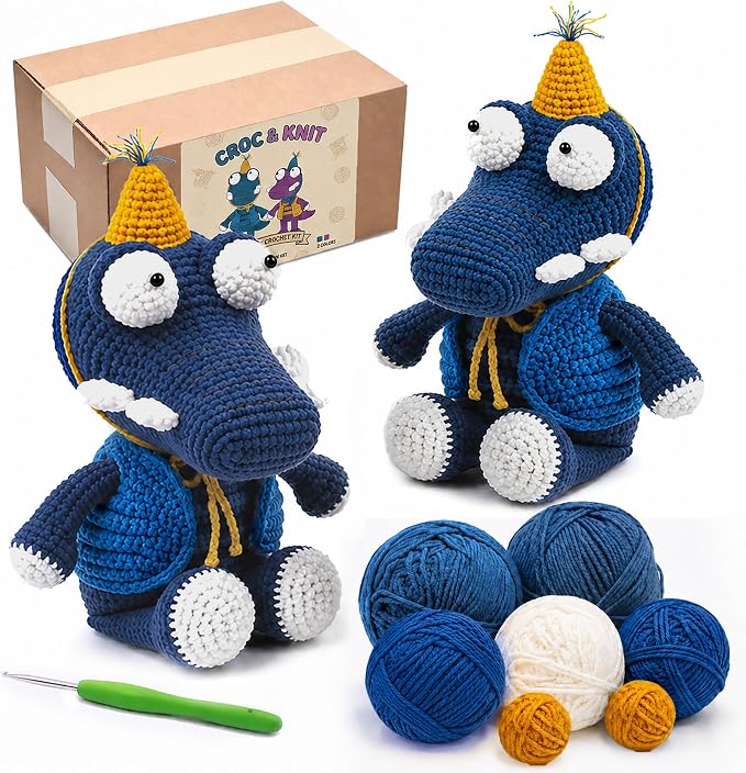 Knitting Kit for Beginners, Learn to Crochet Animal Kit (Blue, 2 Pack)
