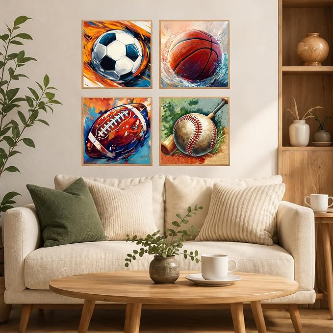 AUKELHJ 4 Pack Framed Paint by Numbers Kit for Adults, Sport, 8x8 inch