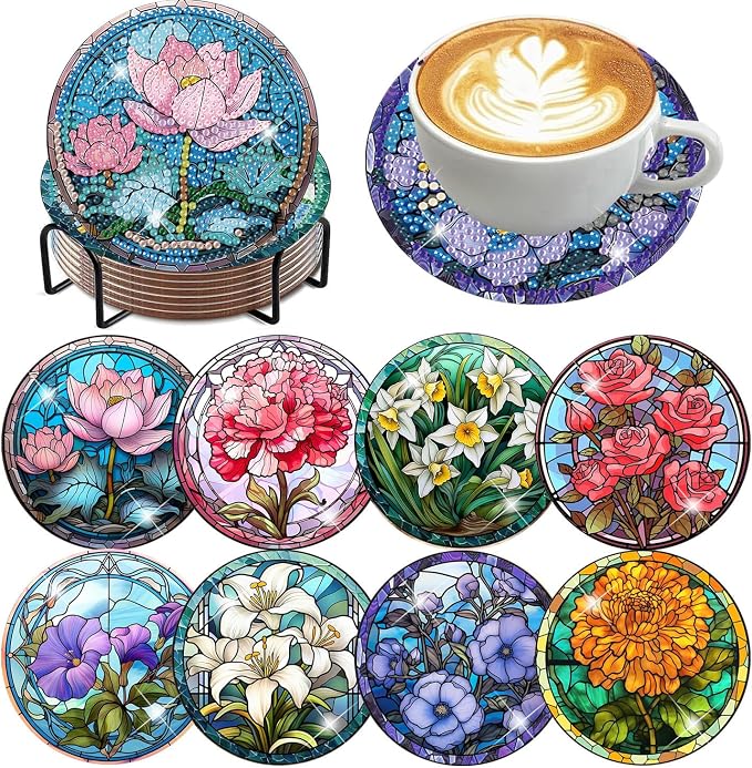 Diamond Art Coasters Kits, 8 Pcs Flowers Diamond Painting Coasters Kits