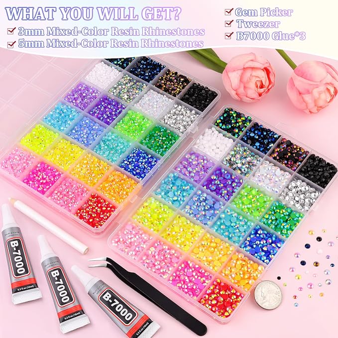 2 Boxes Resin Rhinestones with Tweezers for Crafting, 26000Pcs Mixed-Color 3mm&5mm Bedazzling Crystal with 3Pcs 10ml B7000 Jewelry Glue for DIY Crafts Clothing Tumblers Shoes Fabric Nail Art