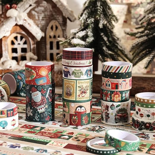 25 Rolls Christmas Gift Washi Tape Set, Festivals New Year Decorative Tapes for Scrapbooking, Junk Journal supplies, DIY Crafts Gift, Party Decorations, Bullet Journaling, 5-50mm Wide 9.84ft long/Roll