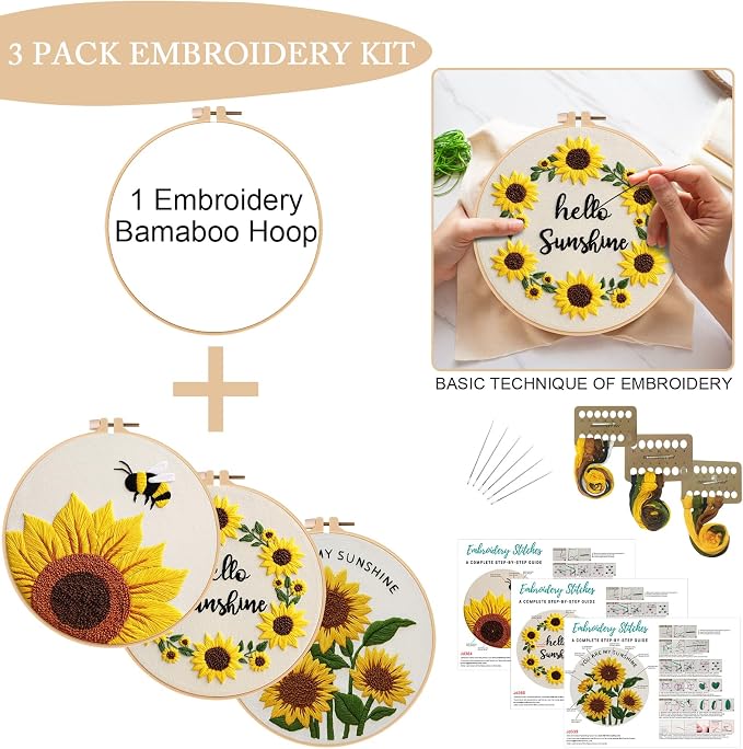 Nuberlic 3 Pack Embroidery Kit for Beginners with Sunflower Pattern