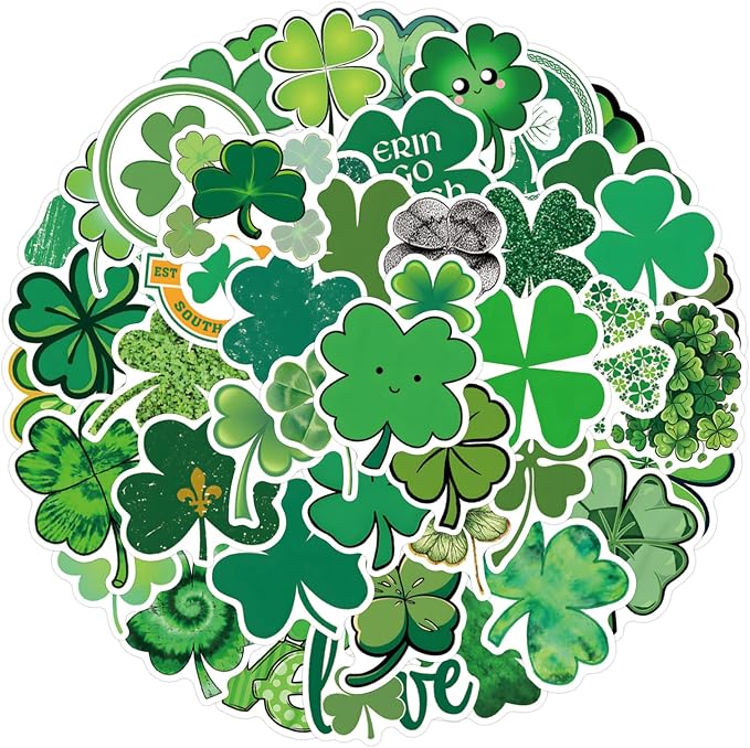 55Pcs Four Leaf Clover Stickers St.Patricks' Day Green Lucky Shamrock Decals for Irish Party Supplies Crafts Adults Gifts(Four-Leaf Clover)