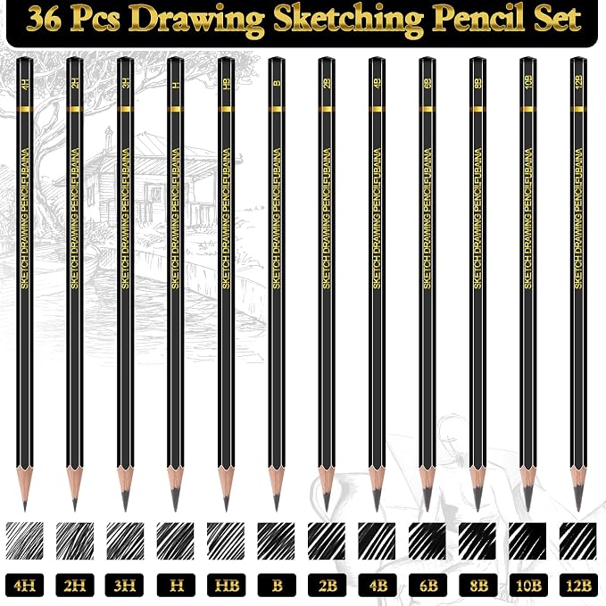 36 Pcs Sketching Pencils, 12B-4H Graphite Drawing Pencils | Art Set for Artists Beginners, Bulk Supply for Studios, Charcoal Graphite Blend, Shading Sketching, Gift-ready Packaging