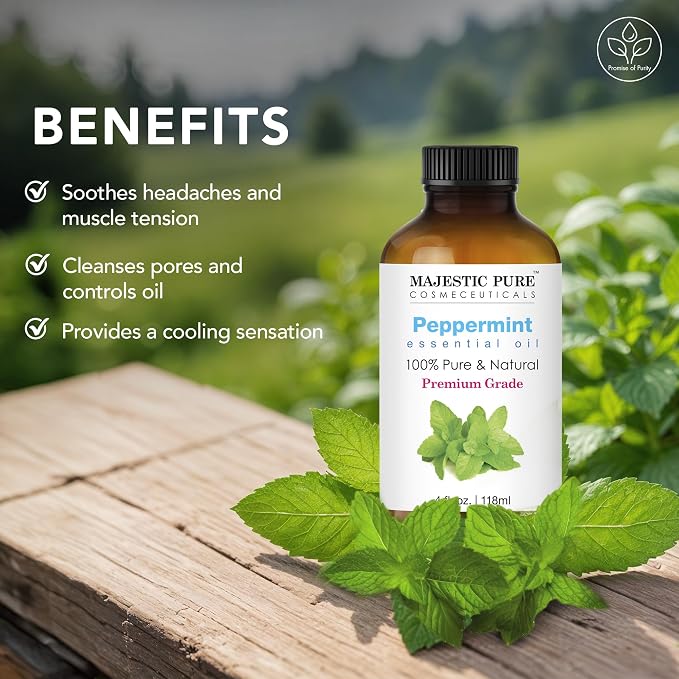 Majestic Pure Peppermint Essential Oil for Diffuser - 4 Fl Oz (Pack of 2) | 100% Pure and Natural Peppermint Oil for Home Fragrance, Massage, Soap and Candle Making, Aromatherapy, Air Freshner