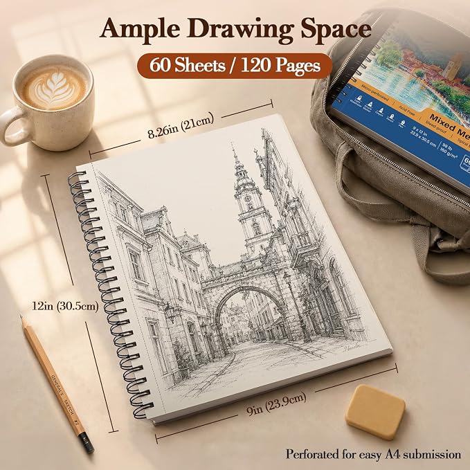 Mixed Media Sketch Book 9" x 12": 98lb/160gsm Spiral Drawing Pad, 2 Pack