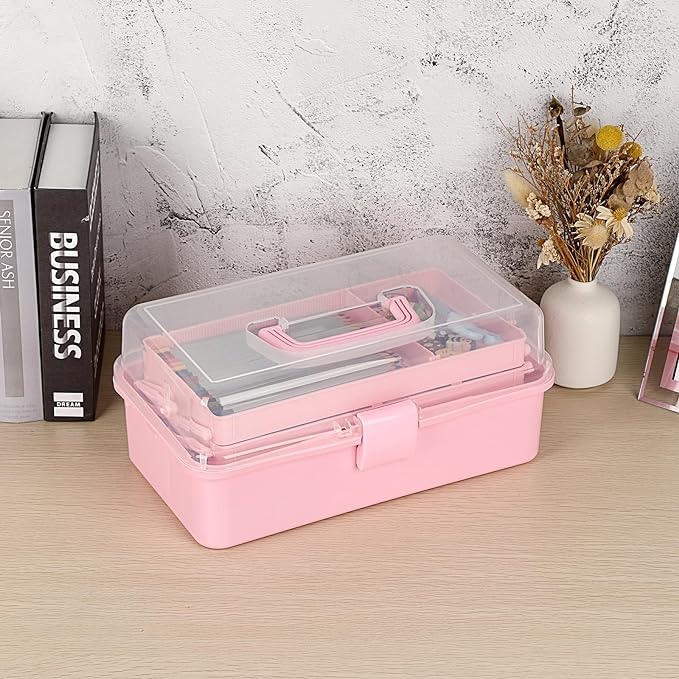 BTSKY 3-Layer Plastic Dividing Storage Box Craft Organizer and Storage | Portable Handled Art Supply Organizer with Adjustable Spacers Multipurpose Home Utility Box for Medicine, Sewing(Pink)
