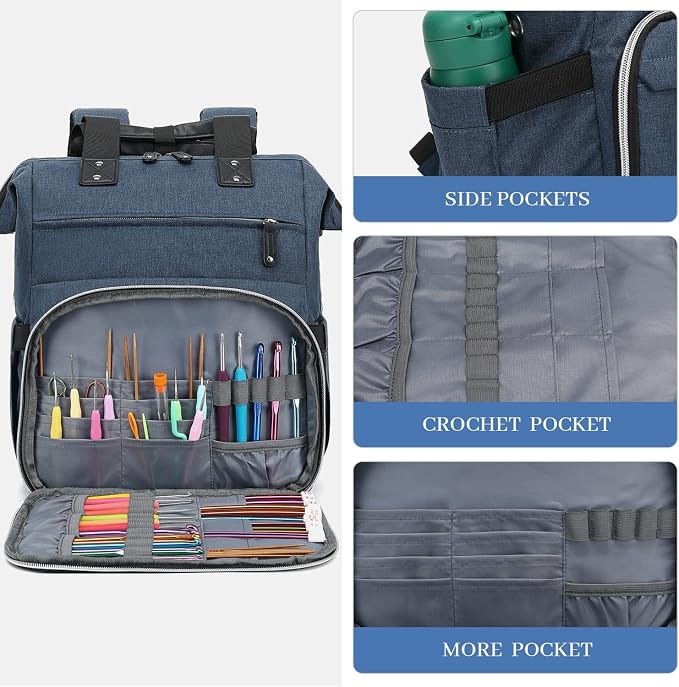 LTINVECK Crochet Backpack,Knitting Bag Backpack Yarn Storage Organizer Travel Bag,Large Yarn Tote Bag for Knitting Needles,Crochet Hooks Accessories,Blue