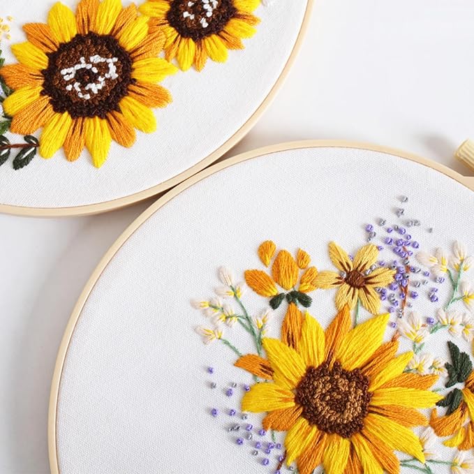 GLTAYLMY 3 Sets Embroidery Starter Kit with Pattern and Instructions, Cross Stitch Set, Stamped Embroidery Kits with 3 Embroidery Clothes with Pattern, 1 Embroidery Hoop(Sunflower)