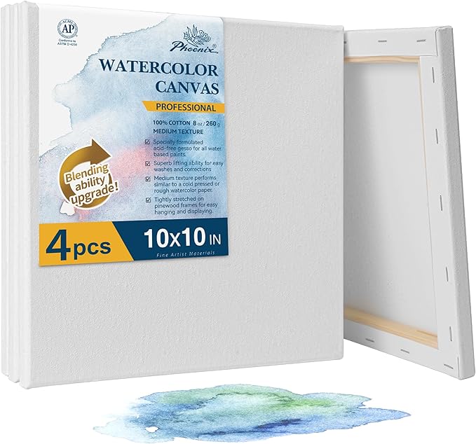 PHOENIX Professional Stretched Watercolor Canvas - 10x10 Inch/4 Pack, 100% Cotton Water Color Canvases for Painting, 8 Oz. / 260g White Blank Medium Texture Canvas for Water Based Paints