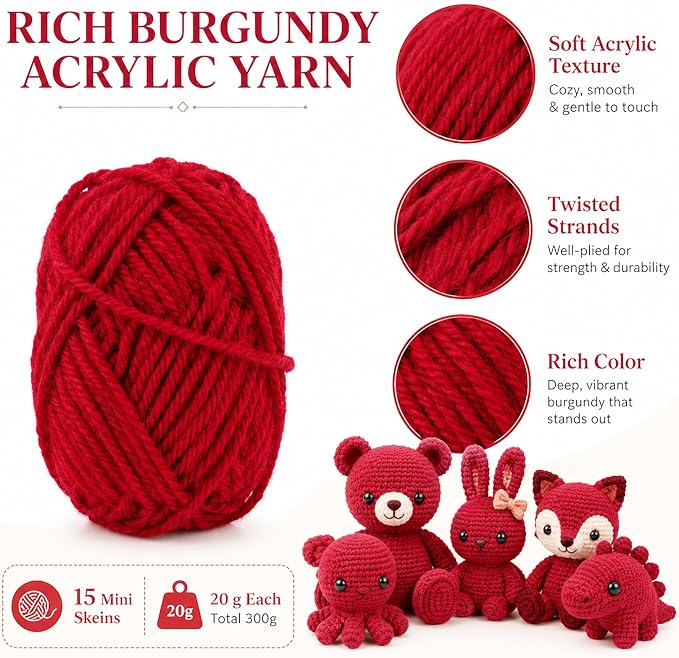 MAQIHAN Acrylic Yarn for Crocheting - Soft Knitting Yarn for Crafts, 15x20g | Wine Red Skeins for Crocheting DIY Bulk for Handicraft Knitting Scarves Ideal Gift for Beginners Adults