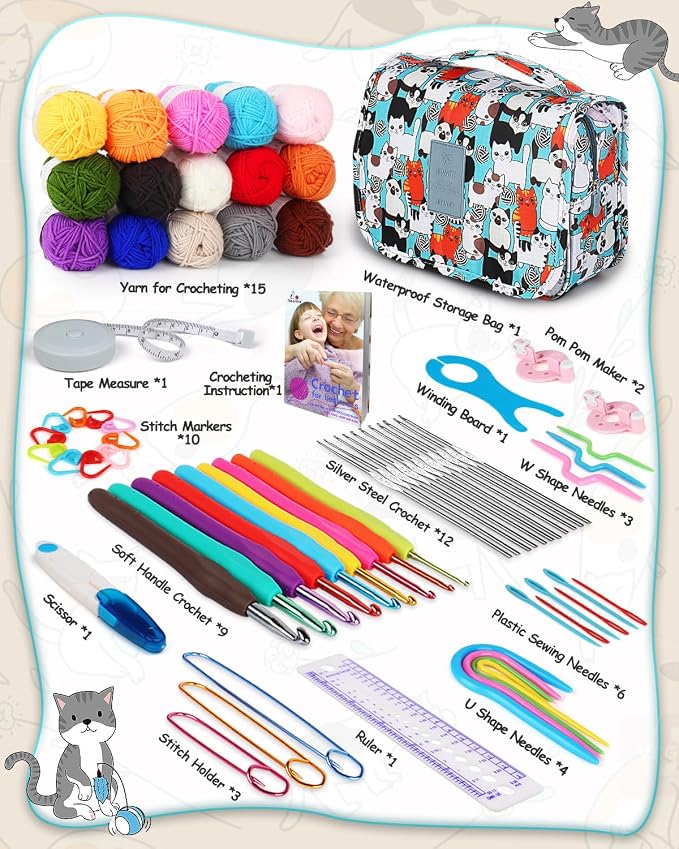 Aeelike 69pcs Crochet Kits for Beginners with Bag, Blue Cat | Easy Learn to Crochet Kit All Age, Crochet Starter Kit Include Crocheting Instruction, Crochet Hooks, Yarn and Storage Bag