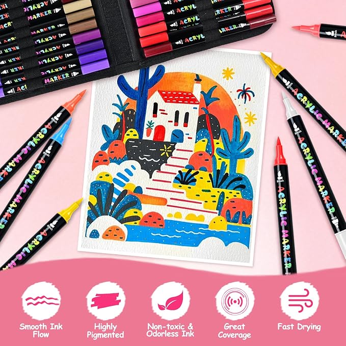 IVSUN 100 Colors Acrylic Paint Pens, Water-Based Dual Tip Paint Markers | Fine & brush tips, ready to use, includes portable carrying case, works on rock, wood, canvas, ceramic, glass and metal.