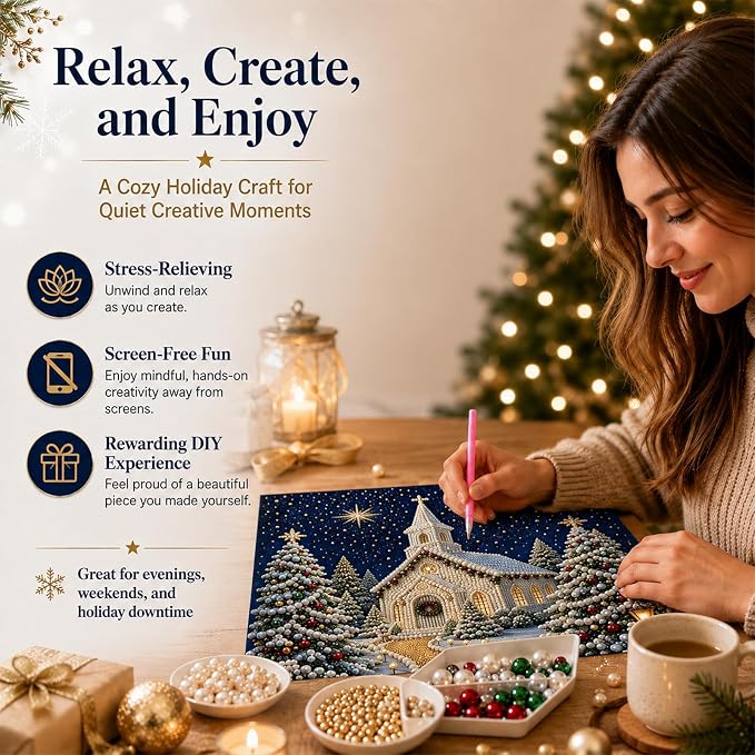 DIY Christmas Pearl Diamond Painting Kit, 5D Pearl Art Craft for Adults and Beginners, Christmas Church and Jesus Wall Decor, Holiday Gifts, 12 x 16 Inch (Church Design D)