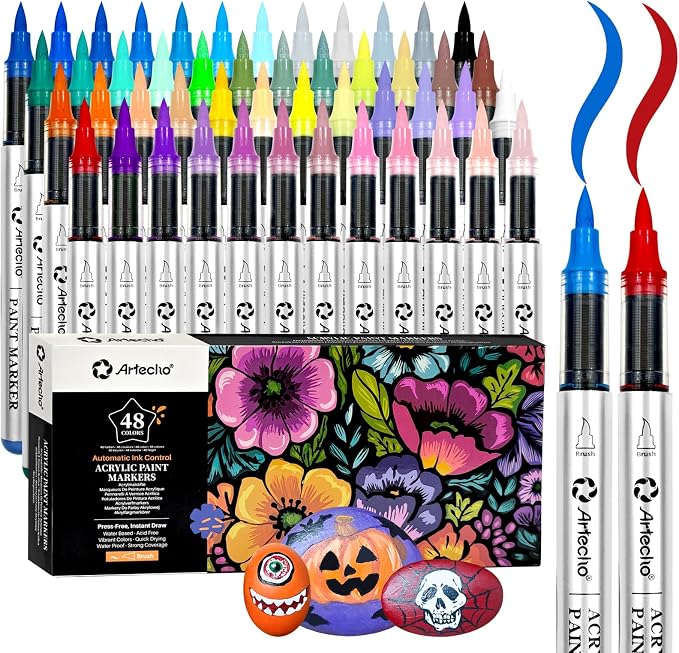 Artecho Automatic Ink Control Acrylic Paint Markers 48 Colors Brush Tip