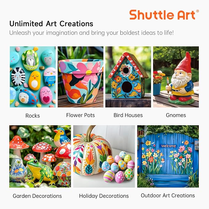 Shuttle Art Outdoor Acrylic Paint Set, 16 Colors Waterproof Paint, 8.45oz Large Bottles, Rich Pigmented Bulk Painting Supplies for Artists, Beginners on Rocks, Wood, Wall, Crafts, Garden Statues