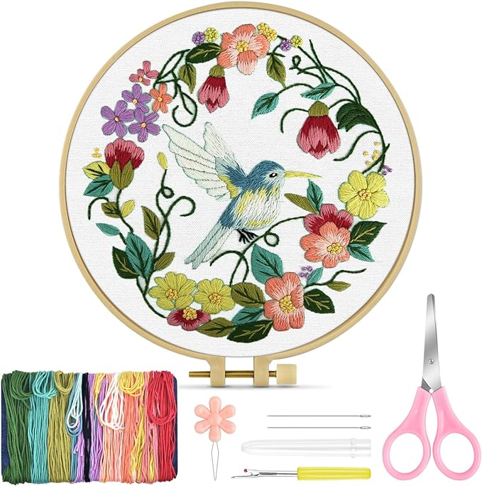 TINDTOP Embroidery Kit for Beginners Adult, Hummingbird Embroidery Kit | Include Embroidery Cloth Hoops Threads for Craft Lover Hand Stitch with Embroidery Skill Techniques
